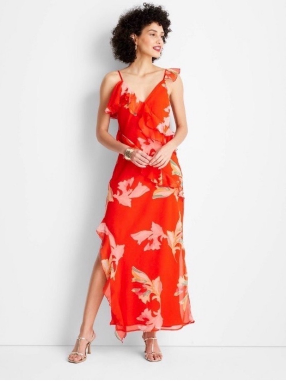 2 for $30 sale: Future collective Red tropical Floral Ruffle Maxi Dress - S